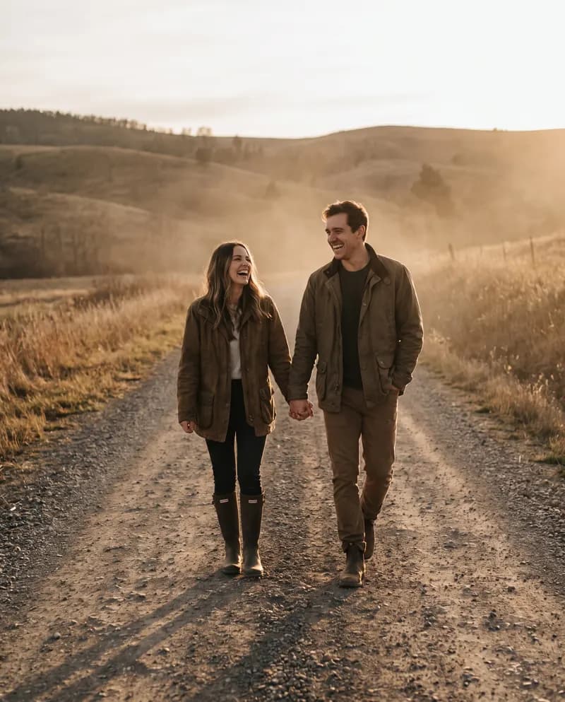 A couple walking hand in hand on a country road