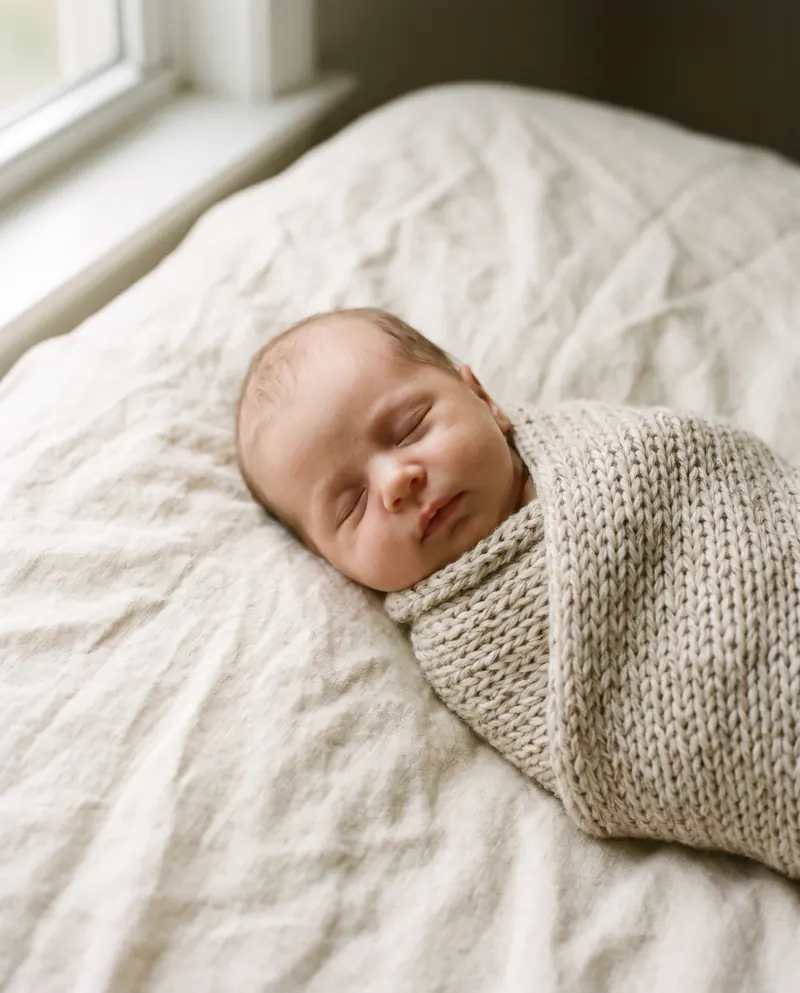 A sleeping newborn wrapped in a knit swaddle
