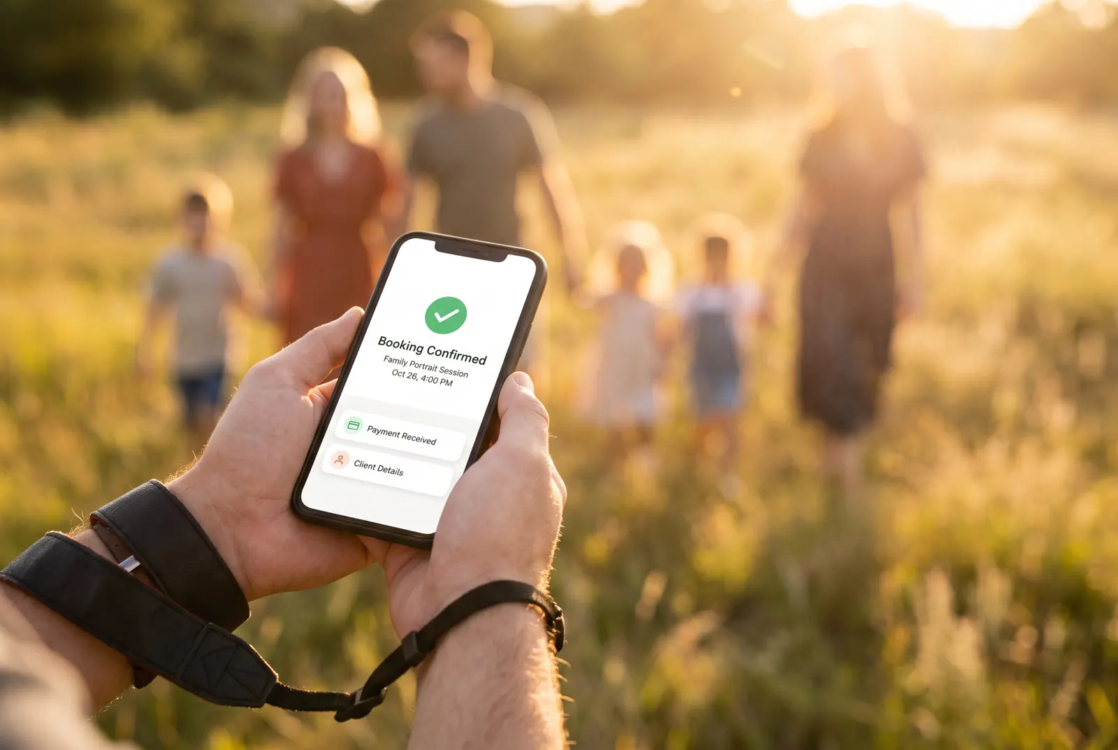 A photographer's phone showing a booking confirmation at a family shoot